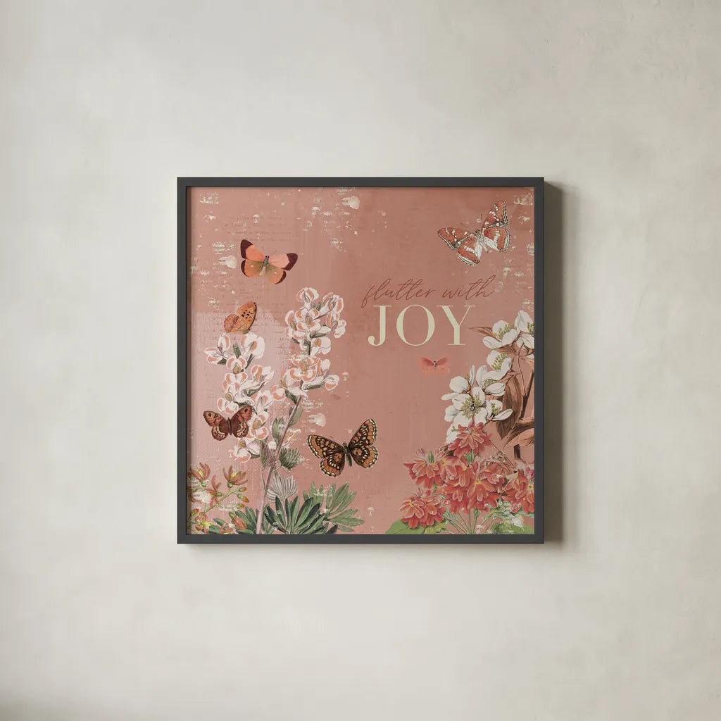 Flutter and Bloom III by Katie Pertiet. Shown in a sleek black glass frame for a contemporary gallery look. Available as an archival giclee rolled canvas, fine art paper, or poster print. SKU 98288a.