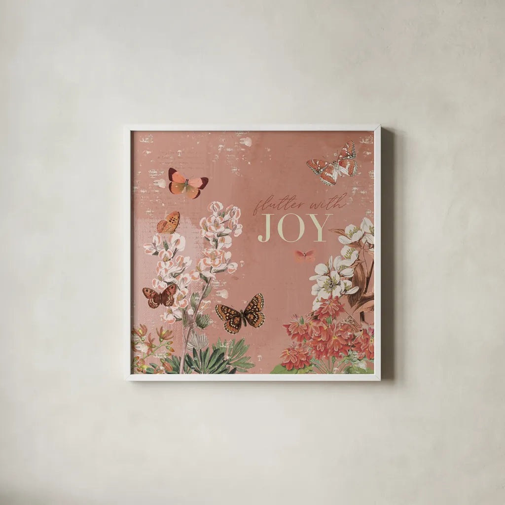 Flutter and Bloom III by Katie Pertiet. Shown in a crisp white glass frame for a clean and minimalist style. Available as an archival giclee rolled canvas, fine art paper, or poster print. SKU 98288a.