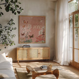 Flutter and Bloom III by Katie Pertiet. Shown in a natural wood frame in a cozy modern living room. Available as an archival giclee rolled canvas, fine art paper, or poster print. SKU 98288a.