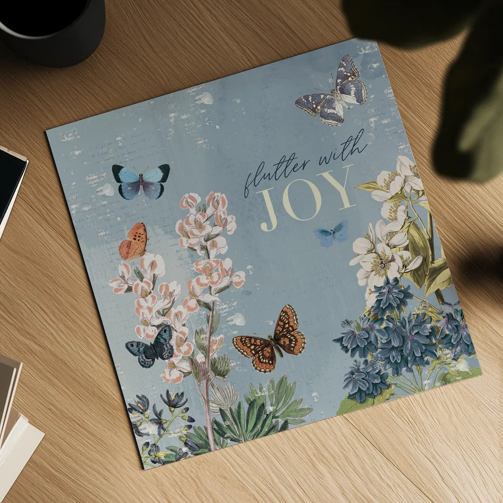 Flutter and Bloom III Blue by Katie Pertiet. Shown as a detailed flat fine art print, highlighting archival giclee quality. Available as an archival giclee rolled canvas, fine art paper, or poster print. SKU 98803a.