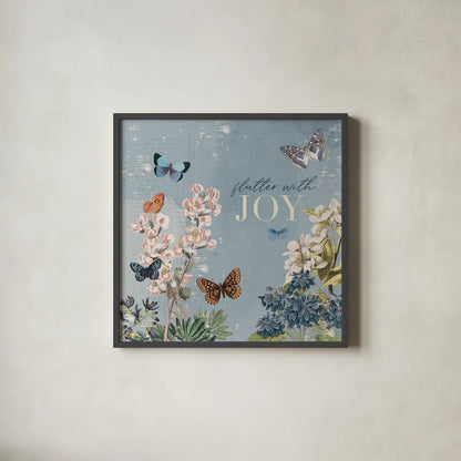 Flutter and Bloom III Blue by Katie Pertiet. Shown in a sleek black glass frame for a contemporary gallery look. Available as an archival giclee rolled canvas, fine art paper, or poster print. SKU 98803a.