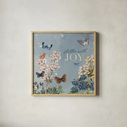 Flutter and Bloom III Blue by Katie Pertiet. Shown in a natural wood glass frame for a timeless modern aesthetic. Available as an archival giclee rolled canvas, fine art paper, or poster print. SKU 98803a.