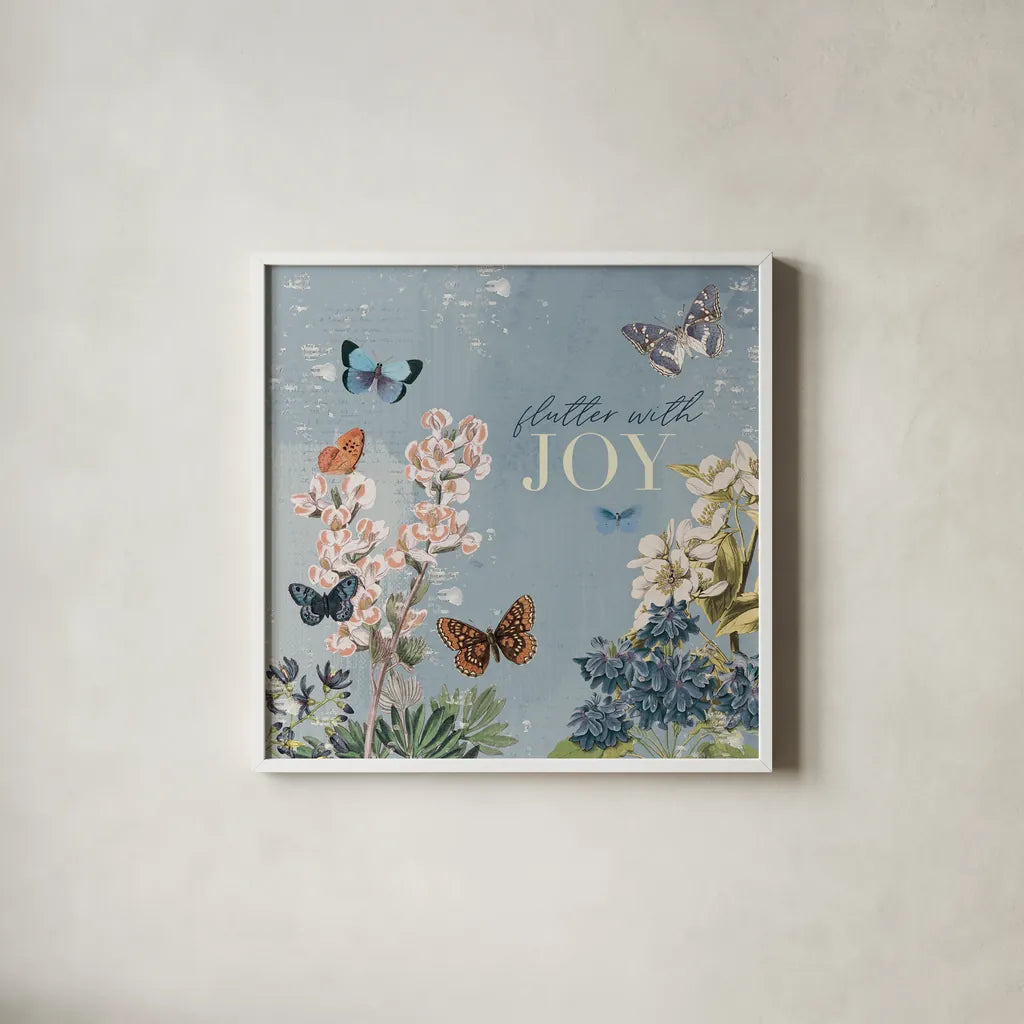 Flutter and Bloom III Blue by Katie Pertiet. Shown in a crisp white glass frame for a clean and minimalist style. Available as an archival giclee rolled canvas, fine art paper, or poster print. SKU 98803a.