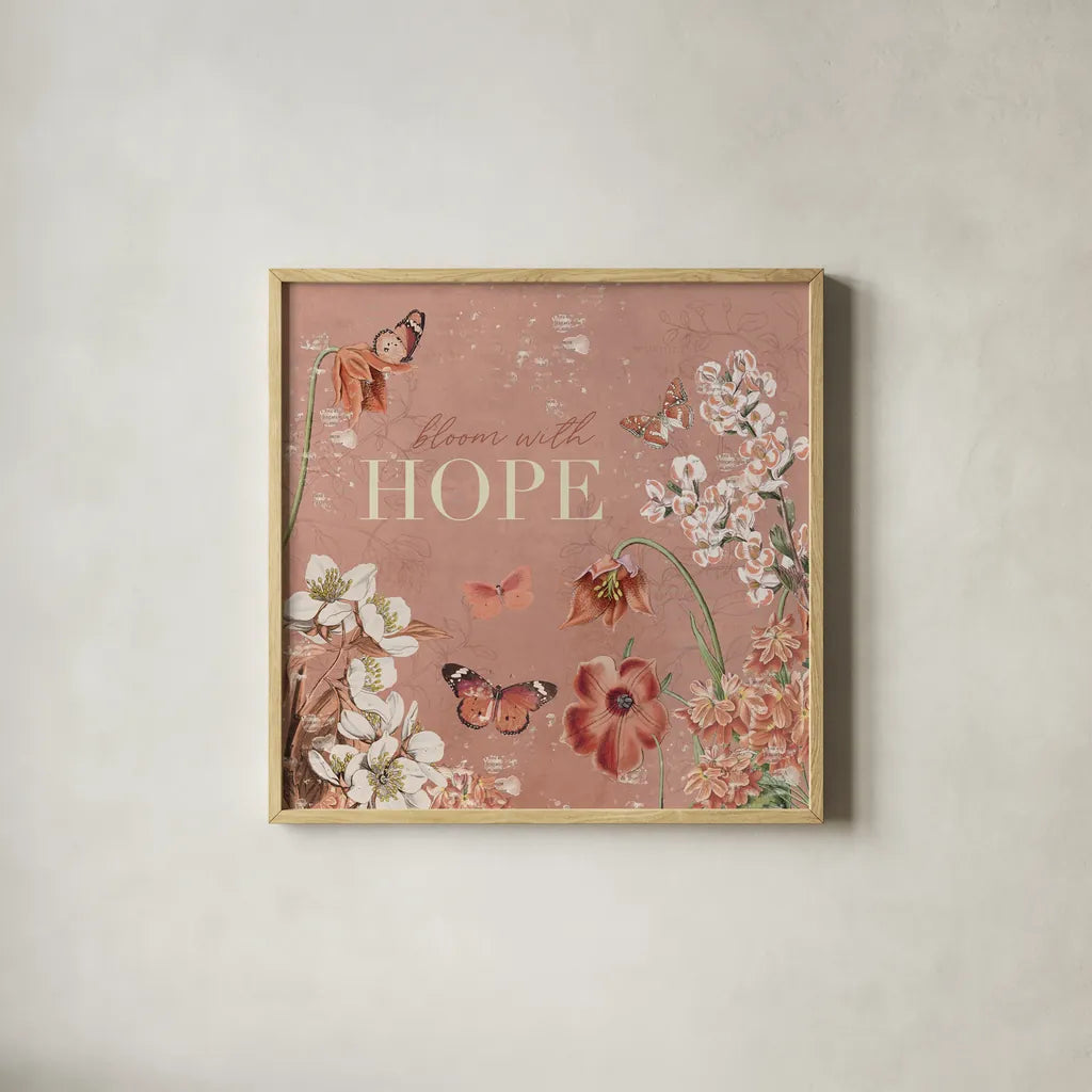 Flutter and Bloom IV by Katie Pertiet. Shown in a natural wood glass frame for a timeless modern aesthetic. Available as an archival giclee rolled canvas, fine art paper, or poster print. SKU 98289a.