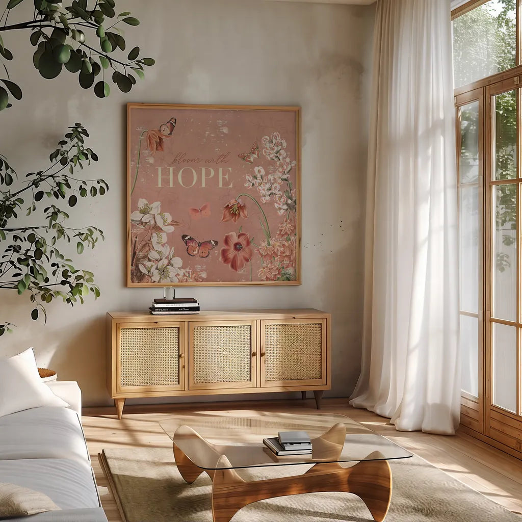 Flutter and Bloom IV by Katie Pertiet. Shown in a natural wood frame in a cozy modern living room. Available as an archival giclee rolled canvas, fine art paper, or poster print. SKU 98289a.