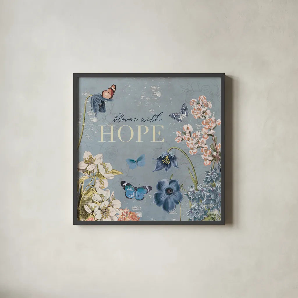 Flutter and Bloom IV Blue by Katie Pertiet. Shown in a sleek black glass frame for a contemporary gallery look. Available as an archival giclee rolled canvas, fine art paper, or poster print. SKU 98804a.
