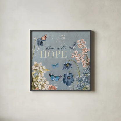 Flutter and Bloom IV Blue by Katie Pertiet. Shown in a sleek black glass frame for a contemporary gallery look. Available as an archival giclee rolled canvas, fine art paper, or poster print. SKU 98804a.