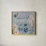 Flutter and Bloom IV Blue by Katie Pertiet. Shown in a natural wood glass frame for a timeless modern aesthetic. Available as an archival giclee rolled canvas, fine art paper, or poster print. SKU 98804a.
