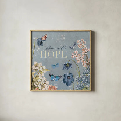 Flutter and Bloom IV Blue by Katie Pertiet. Shown in a natural wood glass frame for a timeless modern aesthetic. Available as an archival giclee rolled canvas, fine art paper, or poster print. SKU 98804a.