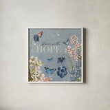 Flutter and Bloom IV Blue by Katie Pertiet. Shown in a crisp white glass frame for a clean and minimalist style. Available as an archival giclee rolled canvas, fine art paper, or poster print. SKU 98804a.