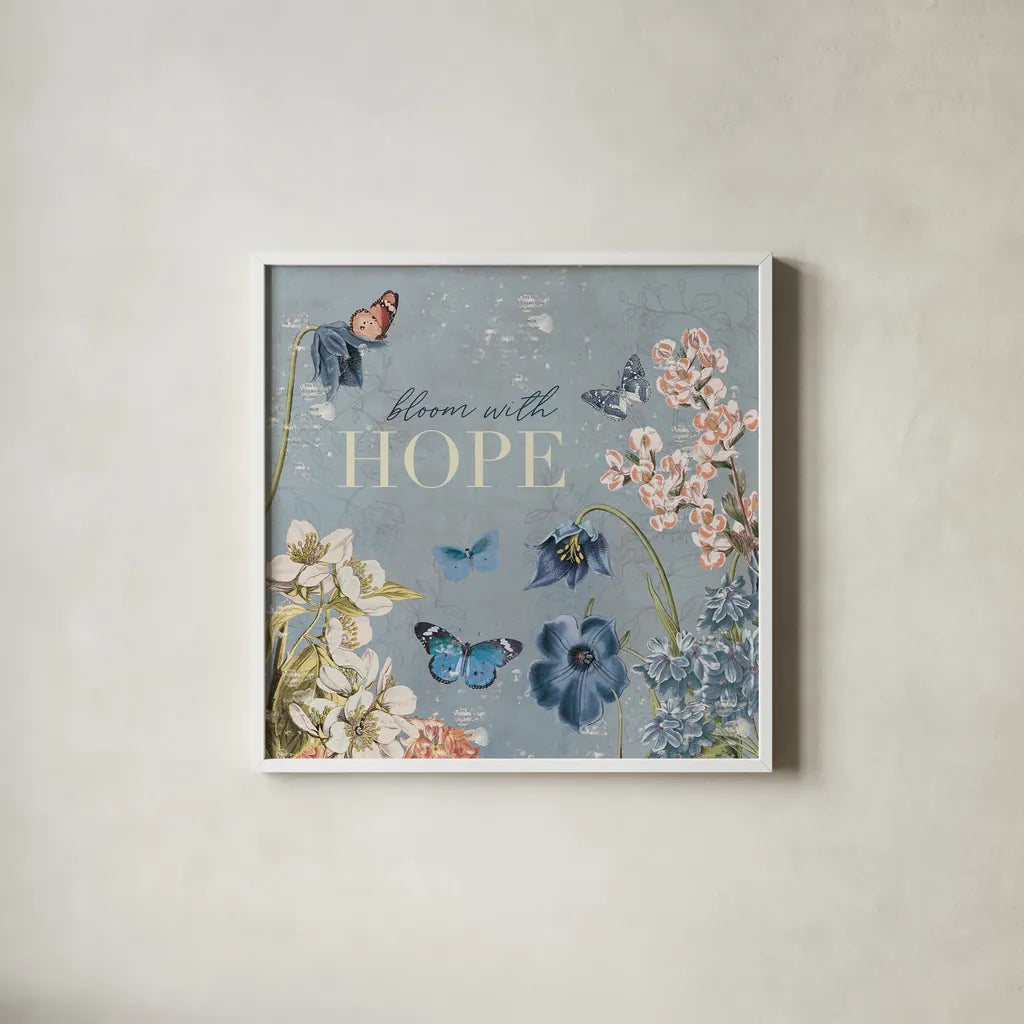 Flutter and Bloom IV Blue by Katie Pertiet. Shown in a crisp white glass frame for a clean and minimalist style. Available as an archival giclee rolled canvas, fine art paper, or poster print. SKU 98804a.