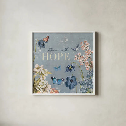 Flutter and Bloom IV Blue by Katie Pertiet. Shown in a crisp white glass frame for a clean and minimalist style. Available as an archival giclee rolled canvas, fine art paper, or poster print. SKU 98804a.