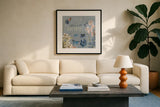 Flutter and Bloom IV Blue by Katie Pertiet. Displayed in a glass frame with matte in a clean modern living room. Available as an archival giclee rolled canvas, fine art paper, or poster print. SKU 98804a.