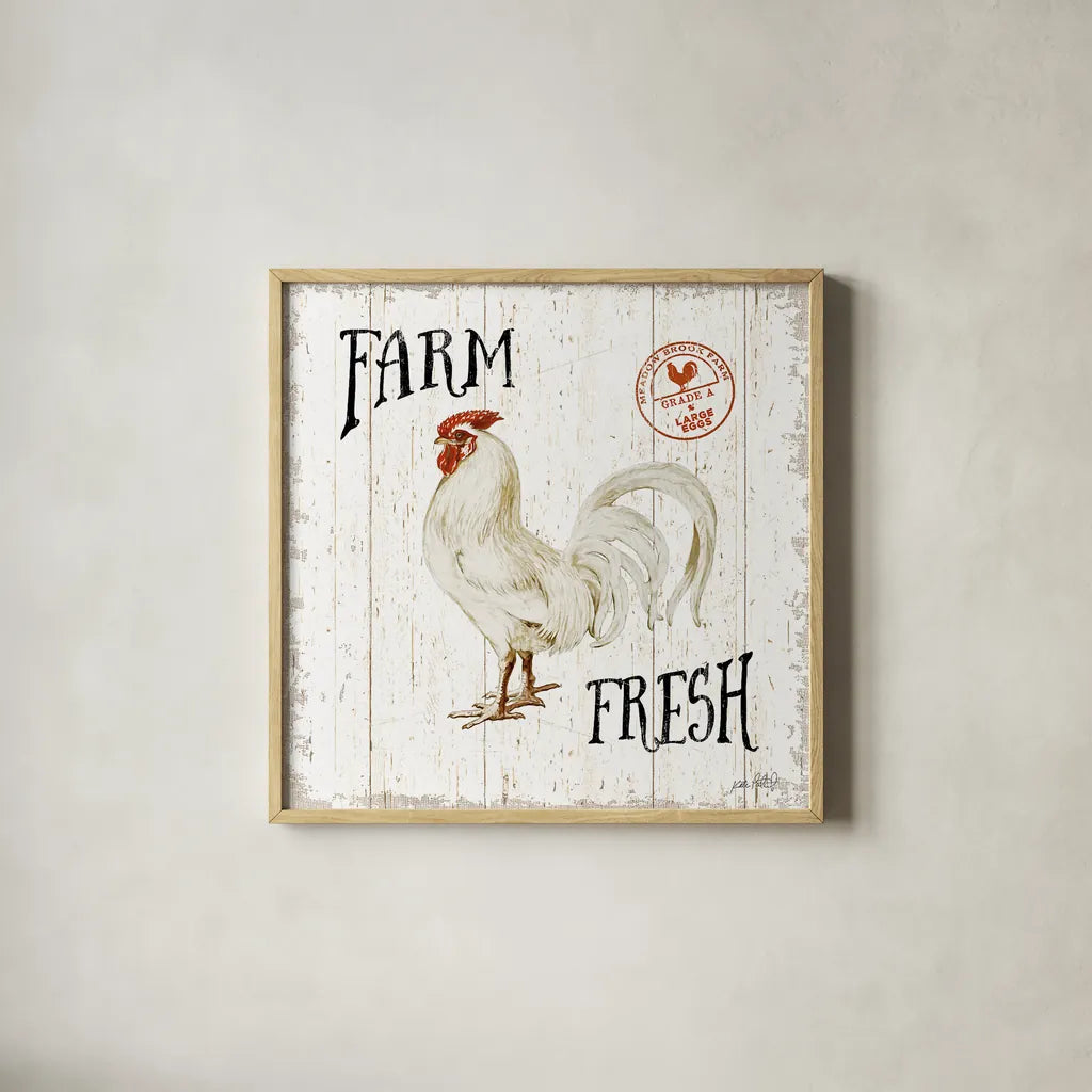 Free Range Fresh III by Katie Pertiet. Shown in a natural wood glass frame for a timeless modern aesthetic. Available as an archival giclee rolled canvas, fine art paper, or poster print. SKU 47457a.