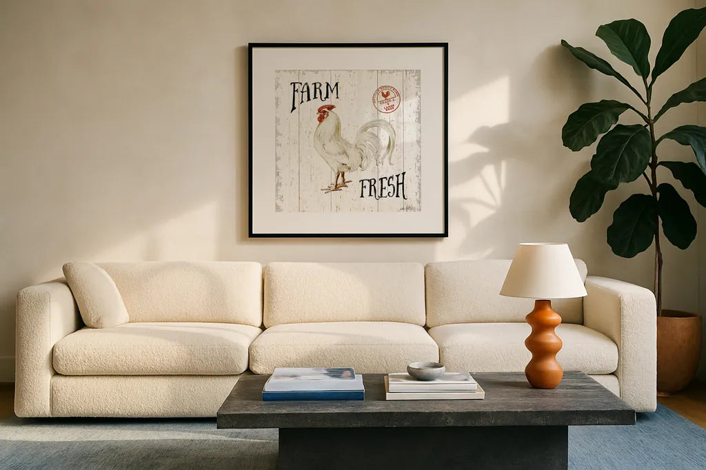 Free Range Fresh III by Katie Pertiet. Displayed in a glass frame with matte in a clean modern living room. Available as an archival giclee rolled canvas, fine art paper, or poster print. SKU 47457a.