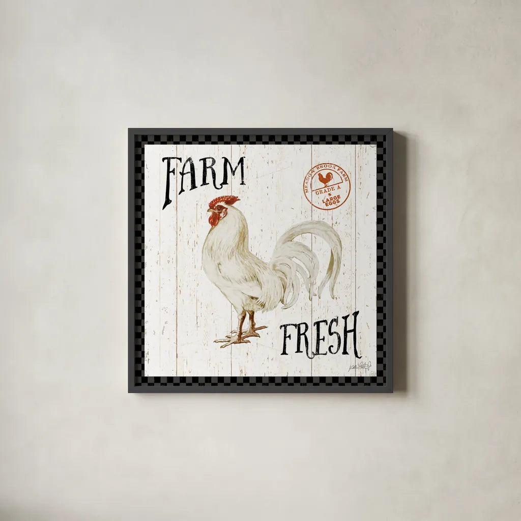 Free Range Fresh III Checker Border by Katie Pertiet. Shown in a sleek black glass frame for a contemporary gallery look. Available as an archival giclee rolled canvas, fine art paper, or poster print. SKU 48173a.