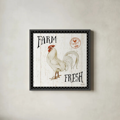 Free Range Fresh III Checker Border by Katie Pertiet. Shown in a sleek black glass frame for a contemporary gallery look. Available as an archival giclee rolled canvas, fine art paper, or poster print. SKU 48173a.