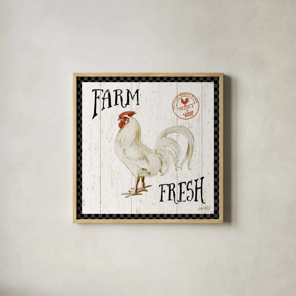 Free Range Fresh III Checker Border by Katie Pertiet. Shown in a natural wood glass frame for a timeless modern aesthetic. Available as an archival giclee rolled canvas, fine art paper, or poster print. SKU 48173a.