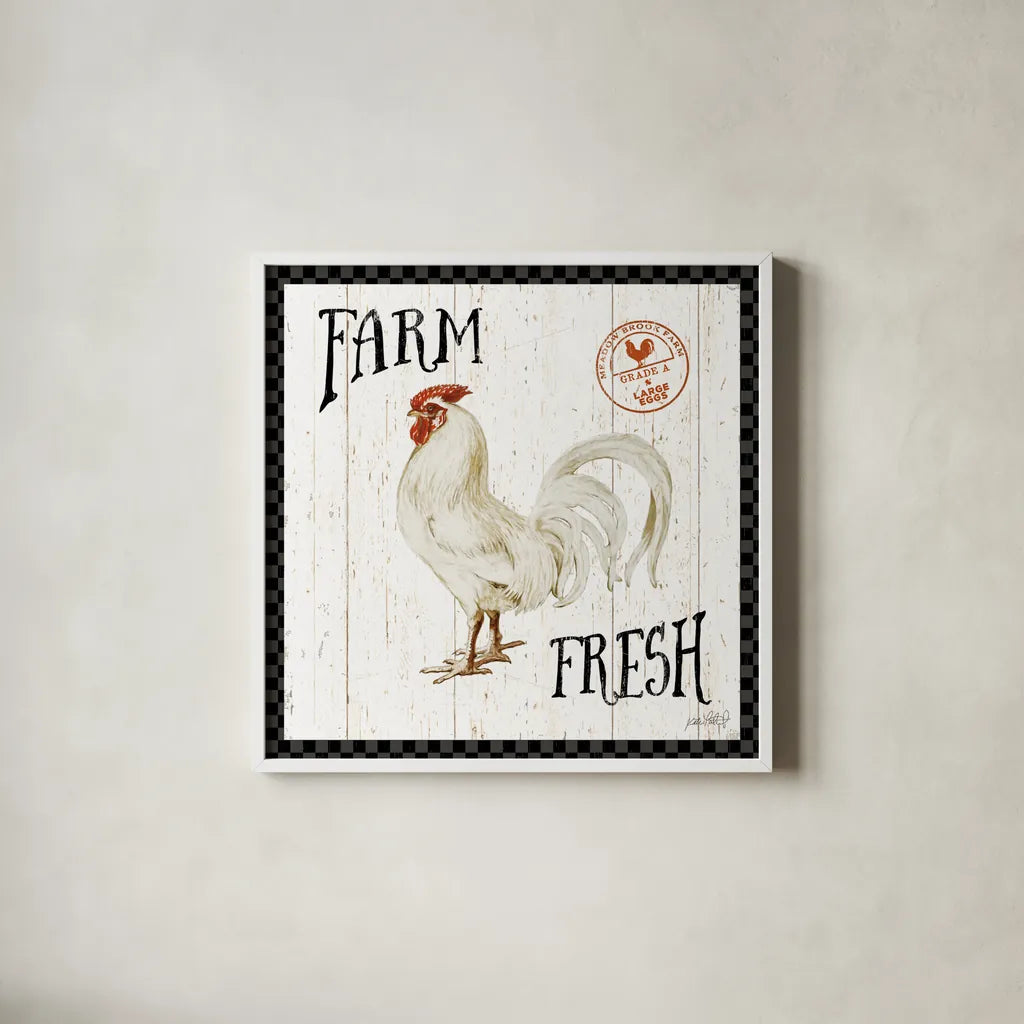 Free Range Fresh III Checker Border by Katie Pertiet. Shown in a crisp white glass frame for a clean and minimalist style. Available as an archival giclee rolled canvas, fine art paper, or poster print. SKU 48173a.