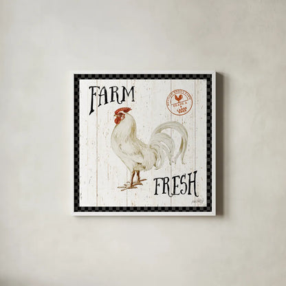 Free Range Fresh III Checker Border by Katie Pertiet. Shown in a crisp white glass frame for a clean and minimalist style. Available as an archival giclee rolled canvas, fine art paper, or poster print. SKU 48173a.