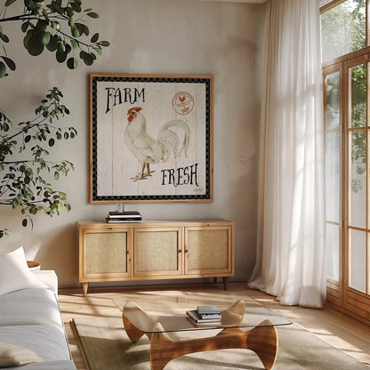 Free Range Fresh III Checker Border by Katie Pertiet. Shown in a natural wood frame in a cozy modern living room. Available as an archival giclee rolled canvas, fine art paper, or poster print. SKU 48173a.