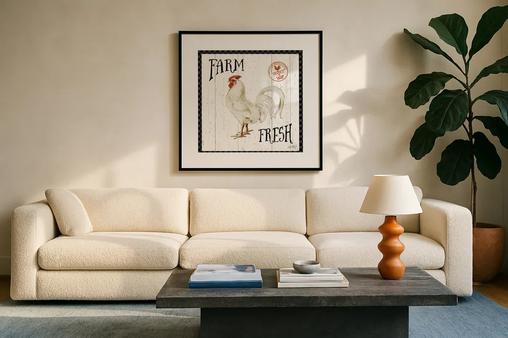 Free Range Fresh III Checker Border by Katie Pertiet. Displayed in a glass frame with matte in a clean modern living room. Available as an archival giclee rolled canvas, fine art paper, or poster print. SKU 48173a.