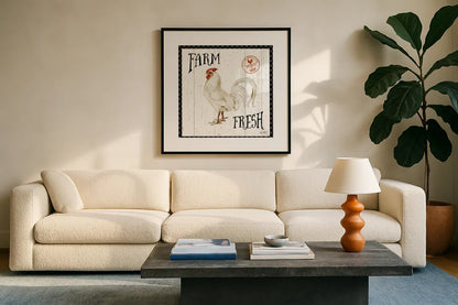 Free Range Fresh III Checker Border by Katie Pertiet. Displayed in a glass frame with matte in a clean modern living room. Available as an archival giclee rolled canvas, fine art paper, or poster print. SKU 48173a.