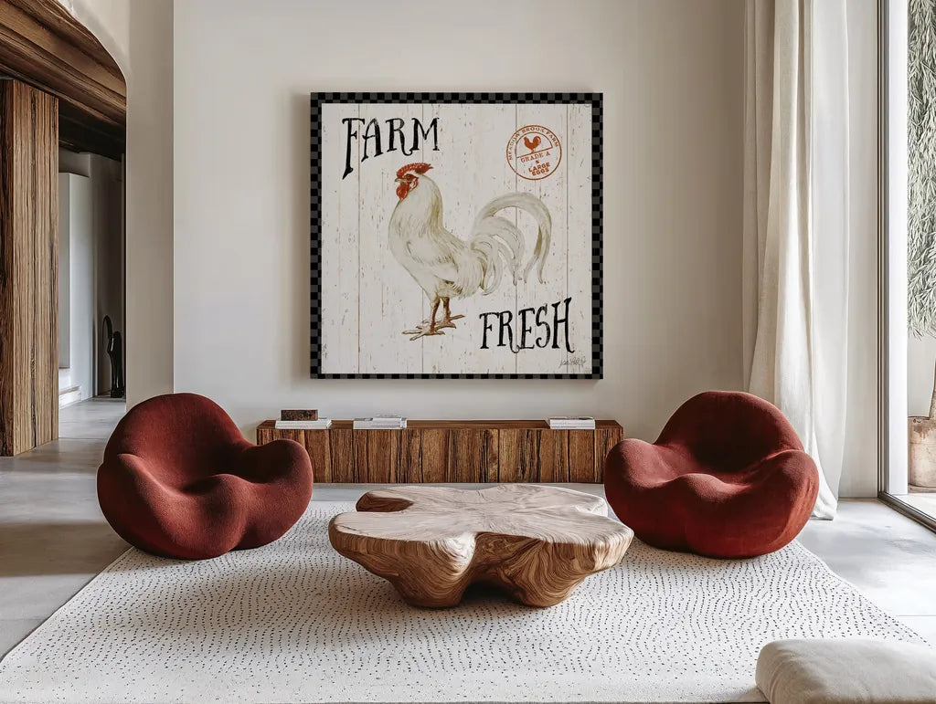 Free Range Fresh III Checker Border by Katie Pertiet. Shown as extra-large giant wall art in a modern living room. Available as an archival giclee rolled canvas, fine art paper, or poster print. SKU 48173a.