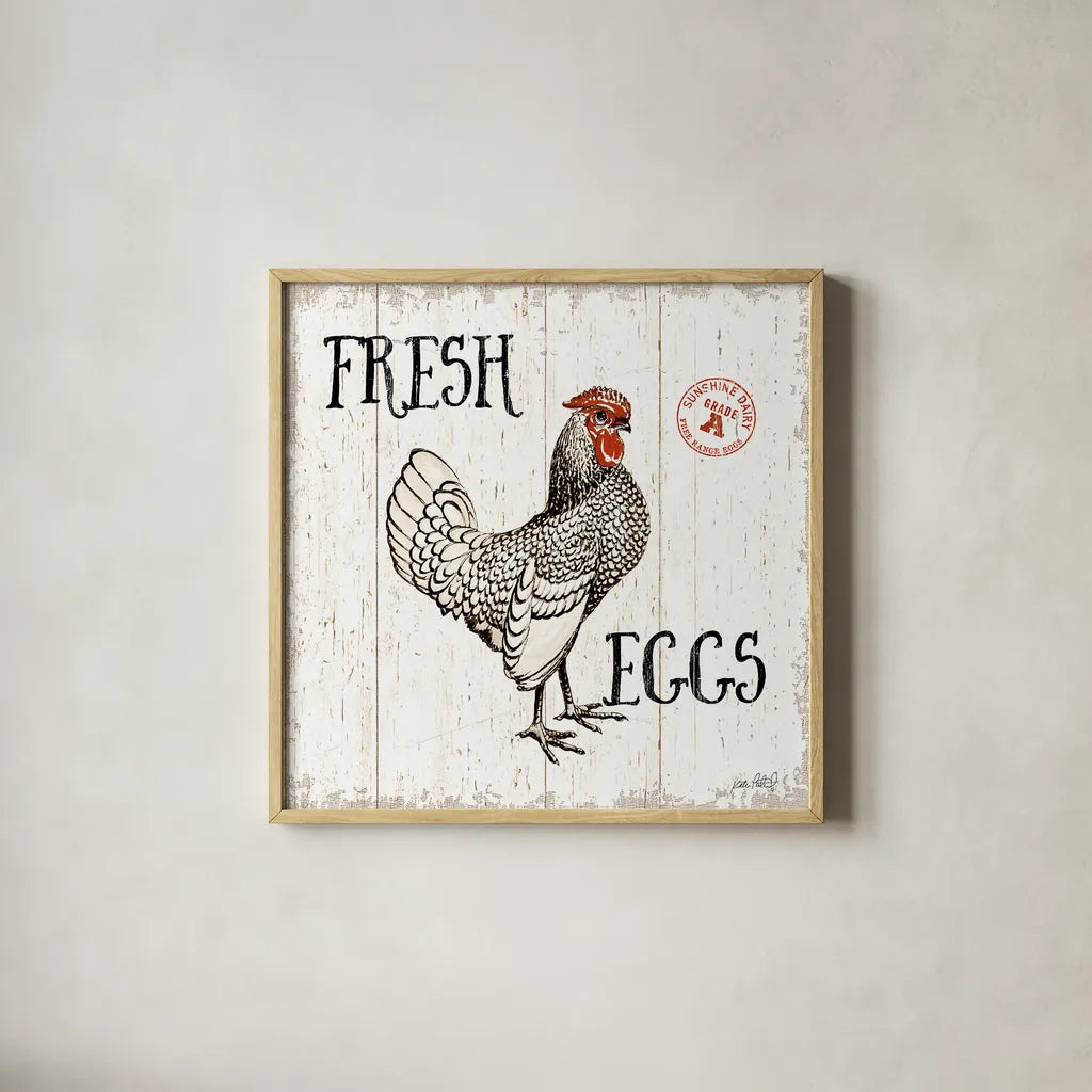 Free Range Fresh IV by Katie Pertiet. Shown in a natural wood glass frame for a timeless modern aesthetic. Available as an archival giclee rolled canvas, fine art paper, or poster print. SKU 47458a.