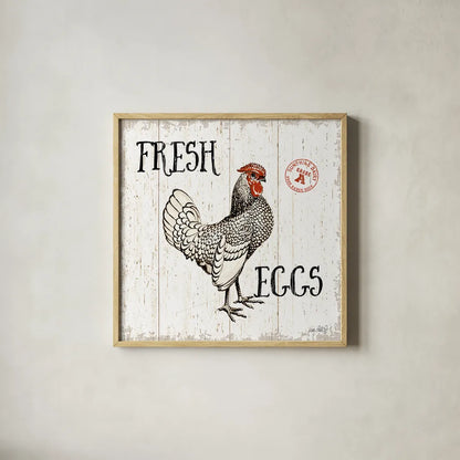 Free Range Fresh IV by Katie Pertiet. Shown in a natural wood glass frame for a timeless modern aesthetic. Available as an archival giclee rolled canvas, fine art paper, or poster print. SKU 47458a.