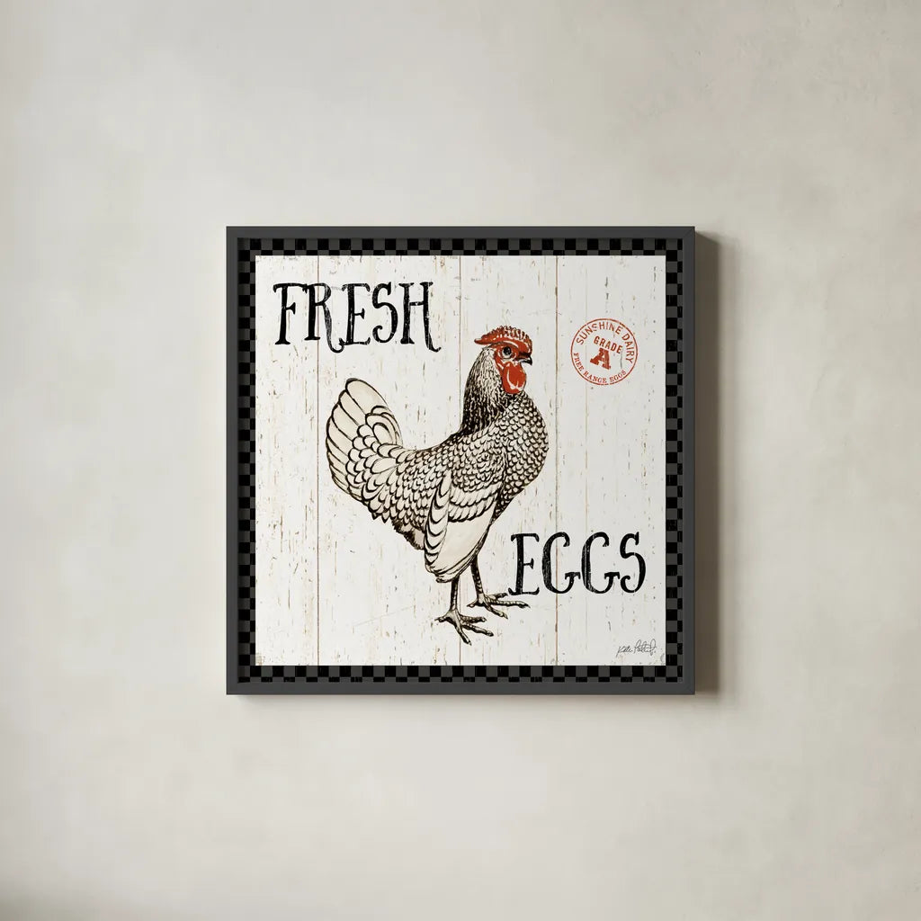 Free Range Fresh IV Checker Border by Katie Pertiet. Shown in a sleek black glass frame for a contemporary gallery look. Available as an archival giclee rolled canvas, fine art paper, or poster print. SKU 48174a.