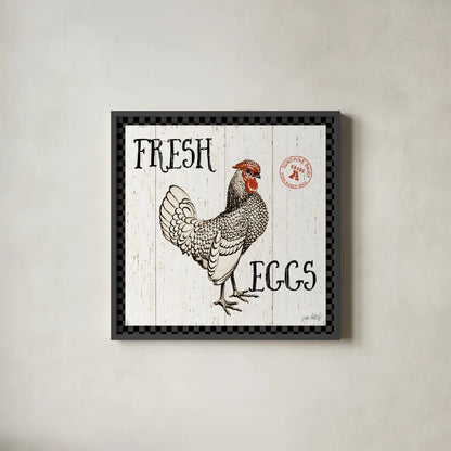 Free Range Fresh IV Checker Border by Katie Pertiet. Shown in a sleek black glass frame for a contemporary gallery look. Available as an archival giclee rolled canvas, fine art paper, or poster print. SKU 48174a.