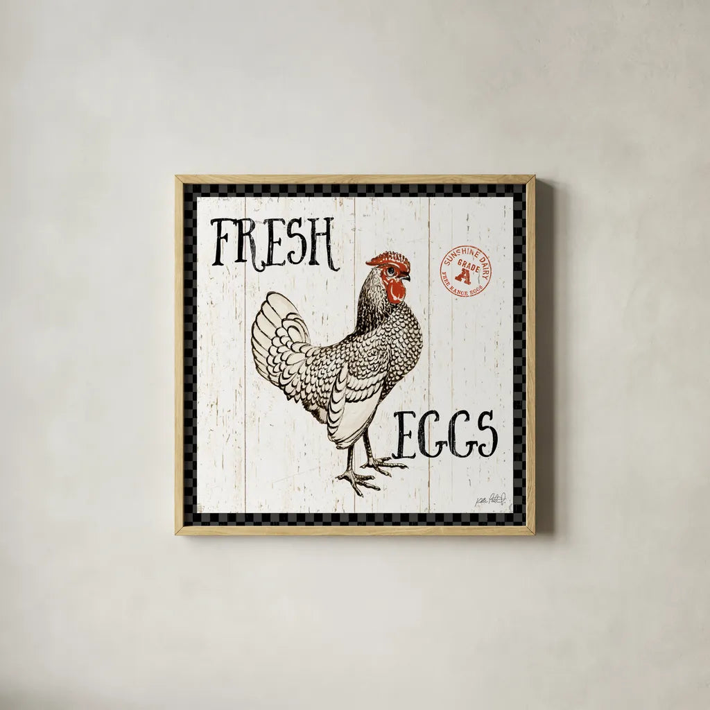 Free Range Fresh IV Checker Border by Katie Pertiet. Shown in a natural wood glass frame for a timeless modern aesthetic. Available as an archival giclee rolled canvas, fine art paper, or poster print. SKU 48174a.