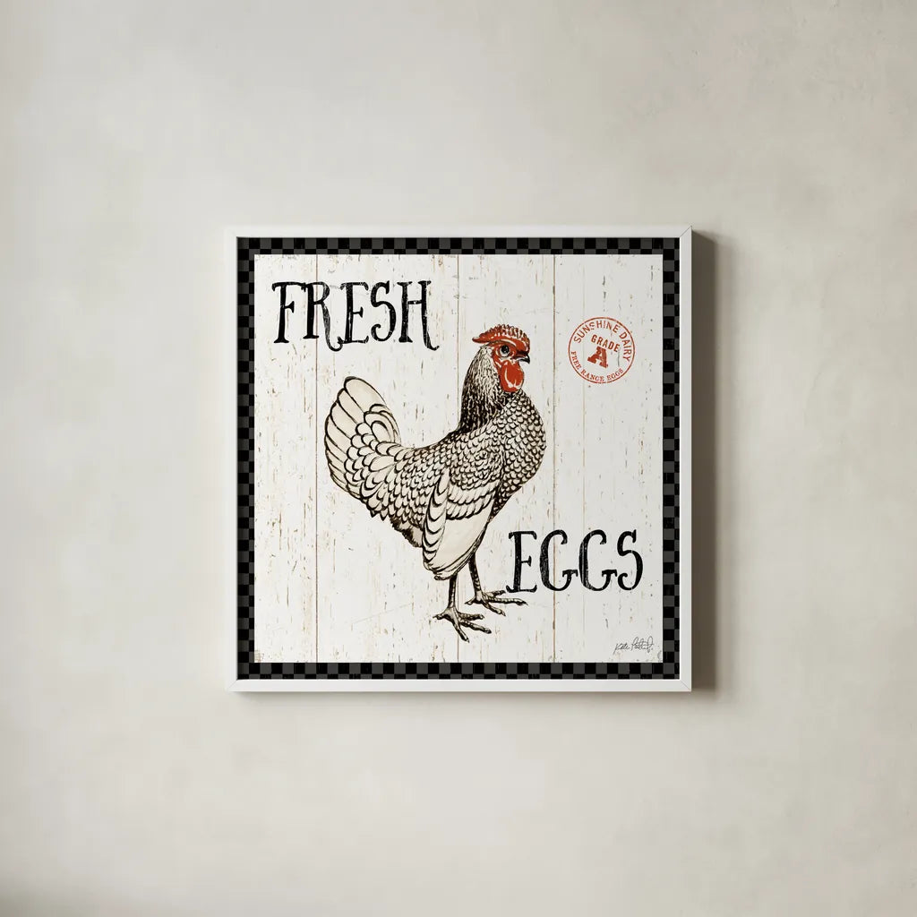 Free Range Fresh IV Checker Border by Katie Pertiet. Shown in a crisp white glass frame for a clean and minimalist style. Available as an archival giclee rolled canvas, fine art paper, or poster print. SKU 48174a.