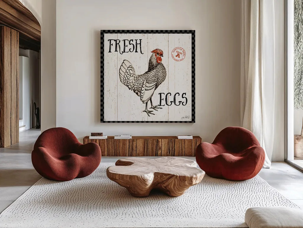 Free Range Fresh IV Checker Border by Katie Pertiet. Shown as extra-large giant wall art in a modern living room. Available as an archival giclee rolled canvas, fine art paper, or poster print. SKU 48174a.