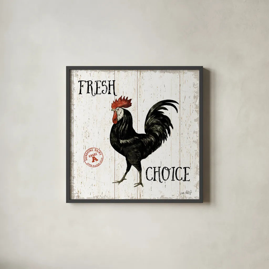 Free Range Fresh V by Katie Pertiet. Shown in a sleek black glass frame for a contemporary gallery look. Available as an archival giclee rolled canvas, fine art paper, or poster print. SKU 47459a.