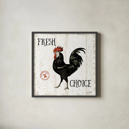Free Range Fresh V by Katie Pertiet. Shown in a sleek black glass frame for a contemporary gallery look. Available as an archival giclee rolled canvas, fine art paper, or poster print. SKU 47459a.