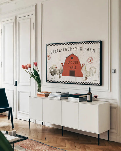 Free Range Fresh VI by Katie Pertiet. shown as a framed stretched canvas in a living room above a console. Available as a archival giclee rolled canvas, fine art paper, or poster print. SKU 49142i.