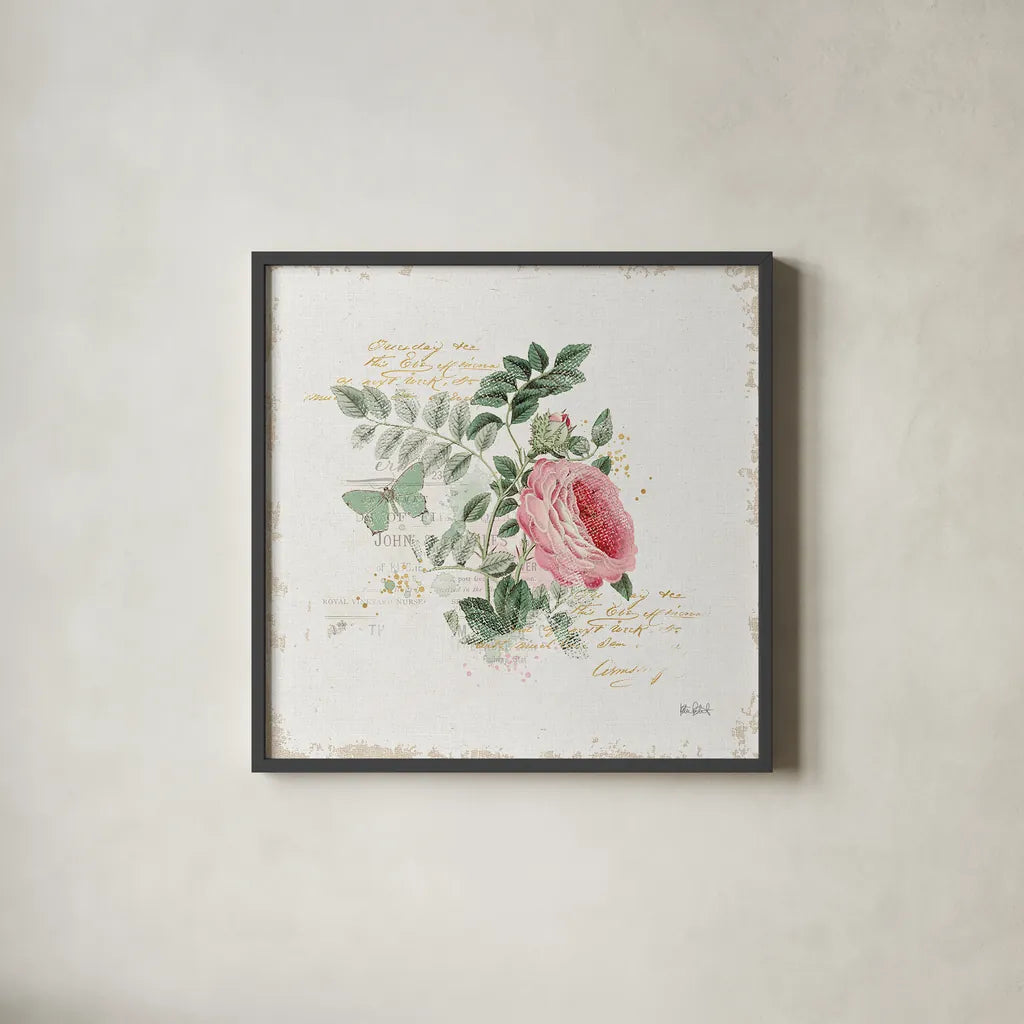 French Romance II by Katie Pertiet. Shown in a sleek black glass frame for a contemporary gallery look. Available as an archival giclee rolled canvas, fine art paper, or poster print. SKU 28746a.
