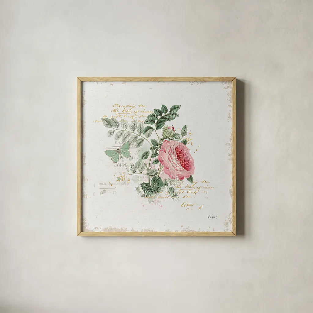 French Romance II by Katie Pertiet. Shown in a natural wood glass frame for a timeless modern aesthetic. Available as an archival giclee rolled canvas, fine art paper, or poster print. SKU 28746a.