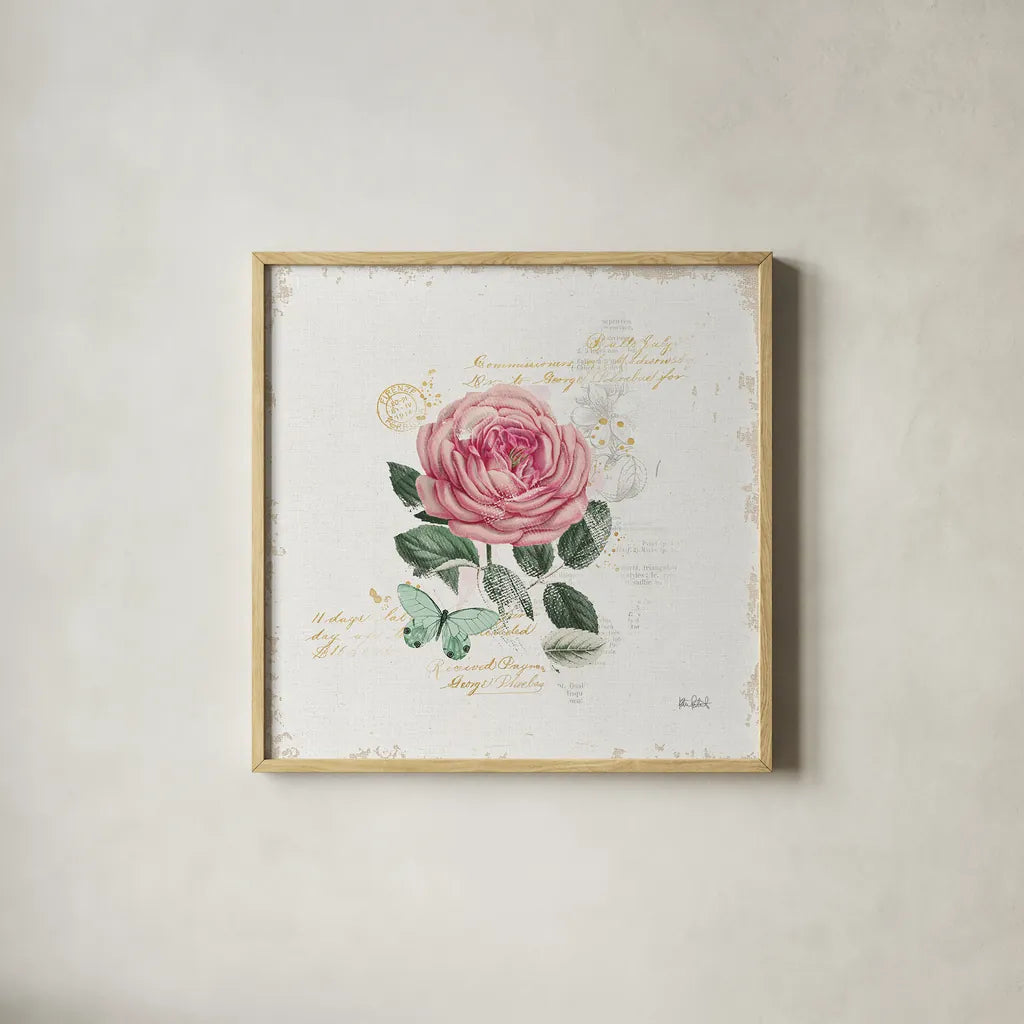 French Romance IV by Katie Pertiet. Shown in a natural wood glass frame for a timeless modern aesthetic. Available as an archival giclee rolled canvas, fine art paper, or poster print. SKU 28748a.