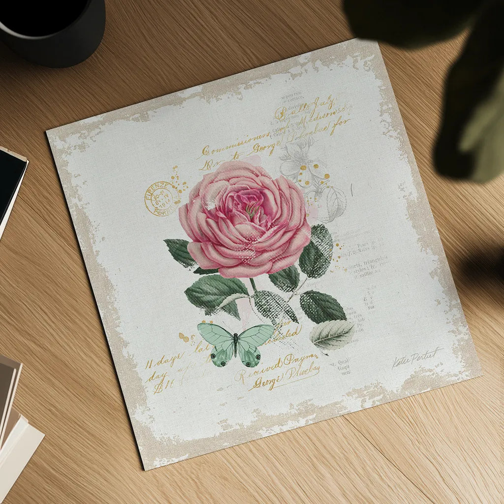 French Romance IV Distressed by Katie Pertiet. Shown as a detailed flat fine art print, highlighting archival giclee quality. Available as an archival giclee rolled canvas, fine art paper, or poster print. SKU 30478a.