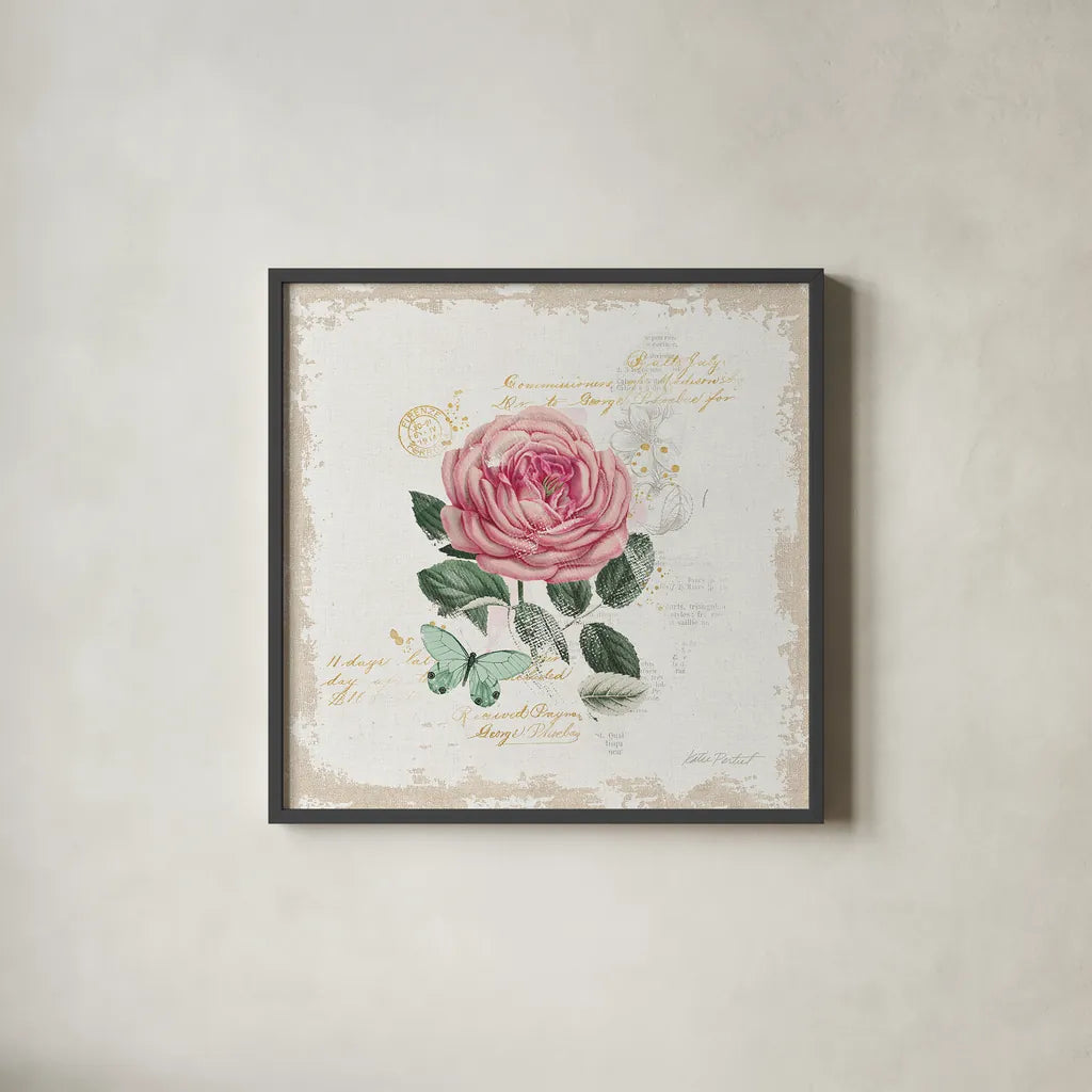 French Romance IV Distressed by Katie Pertiet. Shown in a sleek black glass frame for a contemporary gallery look. Available as an archival giclee rolled canvas, fine art paper, or poster print. SKU 30478a.