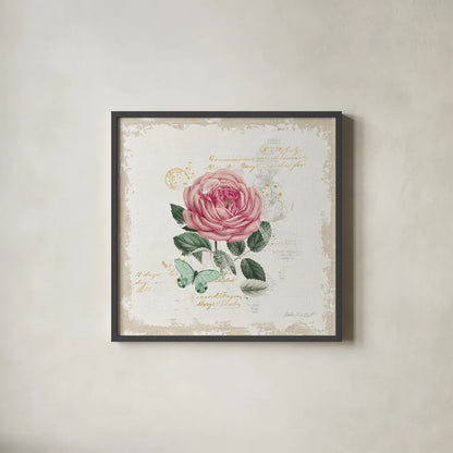 French Romance IV Distressed by Katie Pertiet. Shown in a sleek black glass frame for a contemporary gallery look. Available as an archival giclee rolled canvas, fine art paper, or poster print. SKU 30478a.