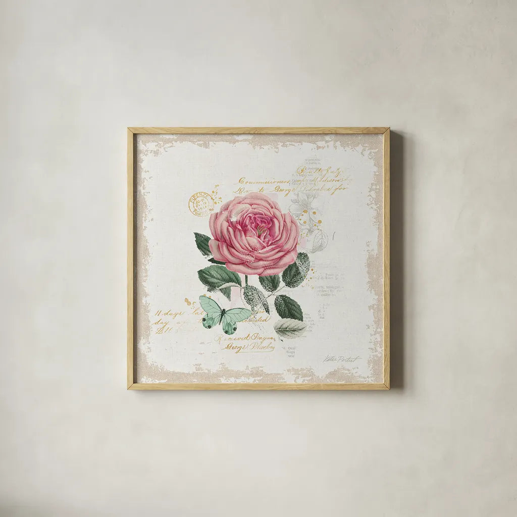 French Romance IV Distressed by Katie Pertiet. Shown in a natural wood glass frame for a timeless modern aesthetic. Available as an archival giclee rolled canvas, fine art paper, or poster print. SKU 30478a.
