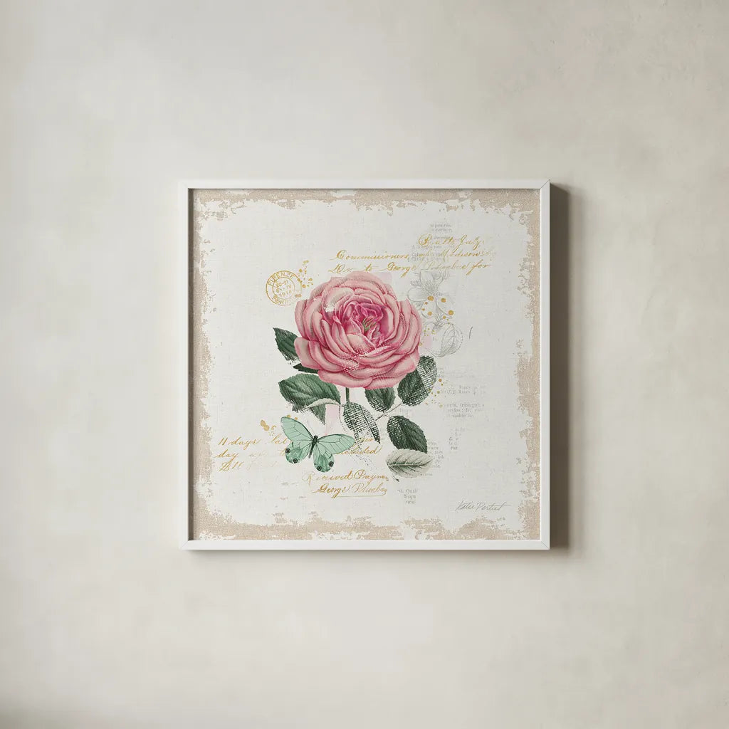 French Romance IV Distressed by Katie Pertiet. Shown in a crisp white glass frame for a clean and minimalist style. Available as an archival giclee rolled canvas, fine art paper, or poster print. SKU 30478a.