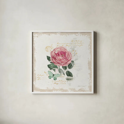 French Romance IV Distressed by Katie Pertiet. Shown in a crisp white glass frame for a clean and minimalist style. Available as an archival giclee rolled canvas, fine art paper, or poster print. SKU 30478a.