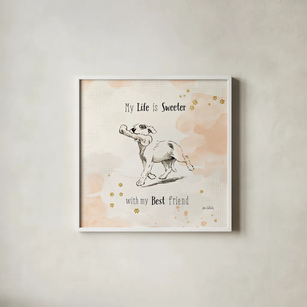 Furry Friends II by Katie Pertiet. Shown in a crisp white glass frame for a clean and minimalist style. Available as an archival giclee rolled canvas, fine art paper, or poster print. SKU 28808a.