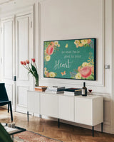 Garden District I by Katie Pertiet. shown as a framed stretched canvas in a living room above a console. Available as a archival giclee rolled canvas, fine art paper, or poster print. SKU 57624i.