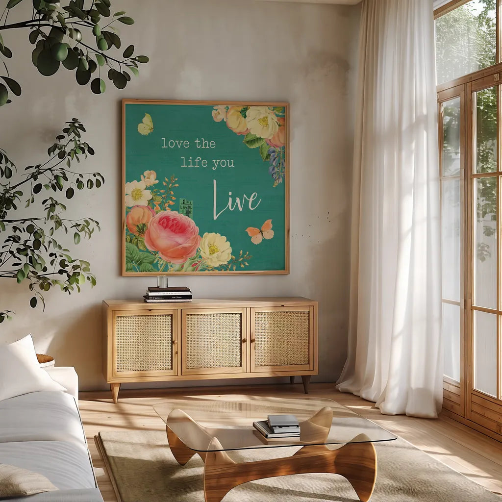 Garden District II by Katie Pertiet. Shown in a natural wood frame in a cozy modern living room. Available as an archival giclee rolled canvas, fine art paper, or poster print. SKU 57625a.